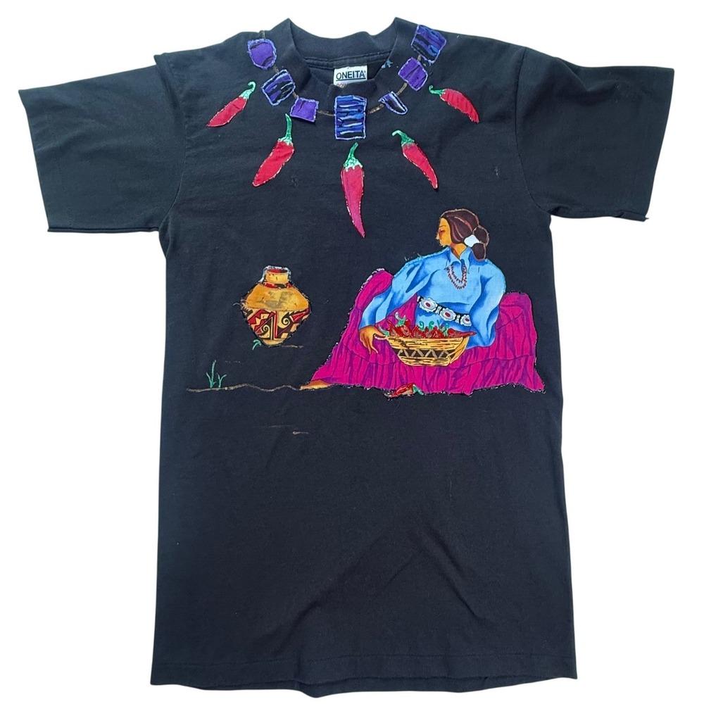 Vintage Oneita Power 50‎ Southwestern Chili Pepper Graphic T-Shirt Black Medium